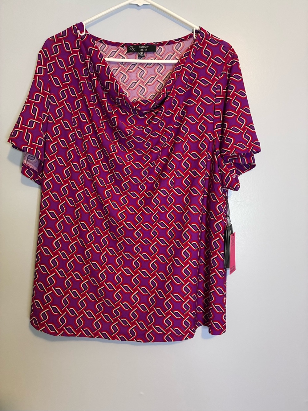 Ashley Blue Pink Geometric Short-Sleeve Cowl Neck Top